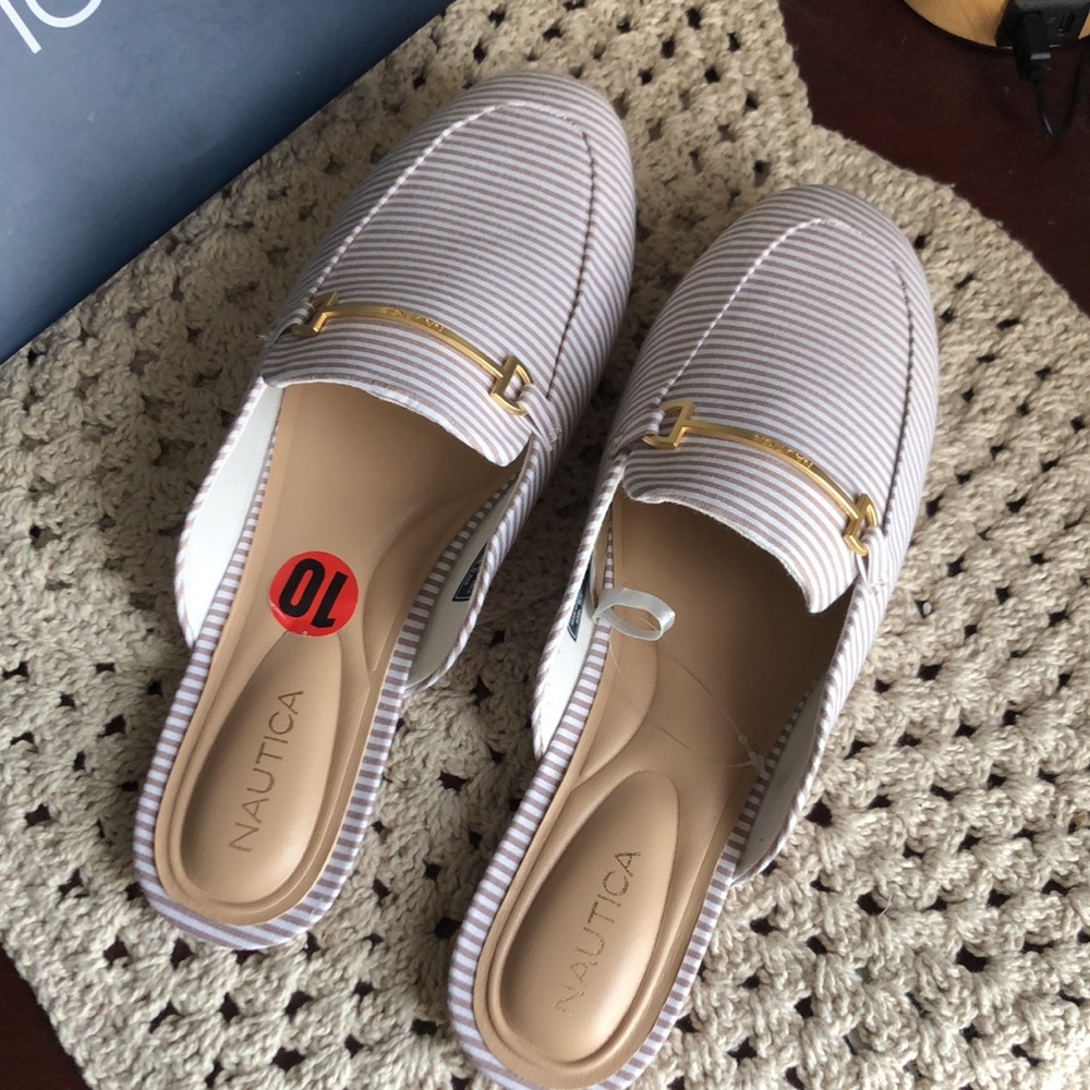 Nautica Tan & White Striped Slip-On Mules with Gold Accent - Picture 6 of 12